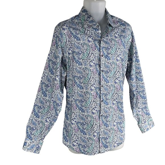70s Psychedelic Blue Purple Paisley Long Sleeve Mens Button Up Shirt Italy Woven - Picture 8 of 15